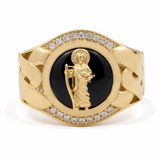 10k Yellow Gold San Judas with Onix Men's Fashion Ring