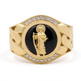 10k Yellow Gold San Judas with Onix Men's Fashion Ring