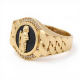 10k Yellow Gold San Judas with Onix Men's Fashion Ring