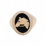14k Yellow Gold Horse with Oval Onix Men's Fashion Ring