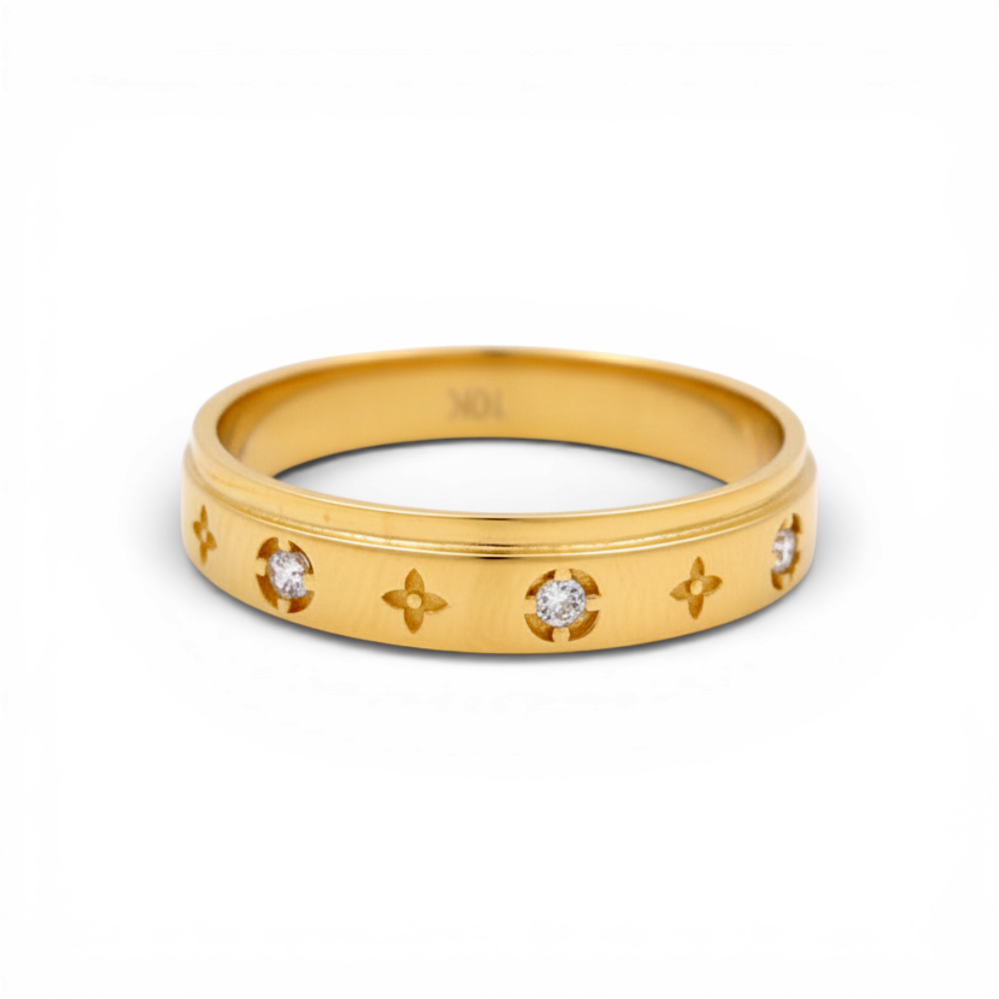 10K Yellow Gold Star & Flower Engraved Band with CZ 1.7 g