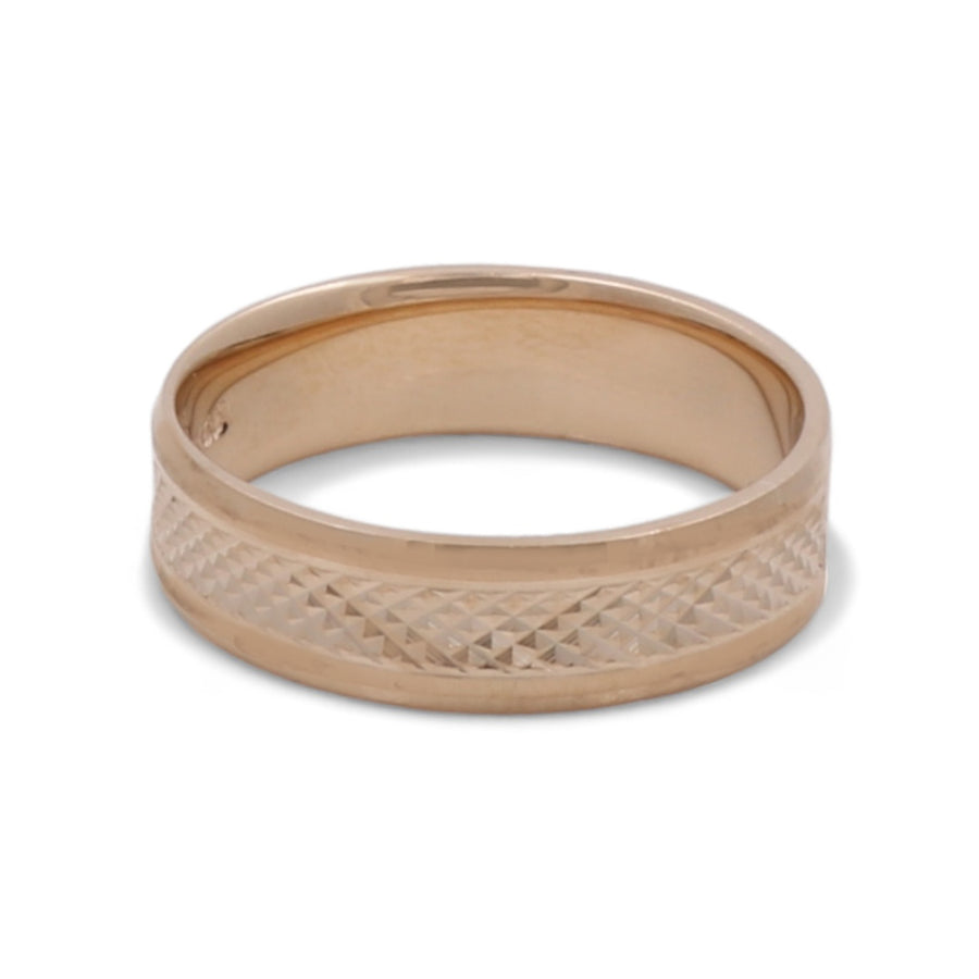 Miral Jewelry's 14K Yellow Gold Men's Wedding Band with textured design on a white background.