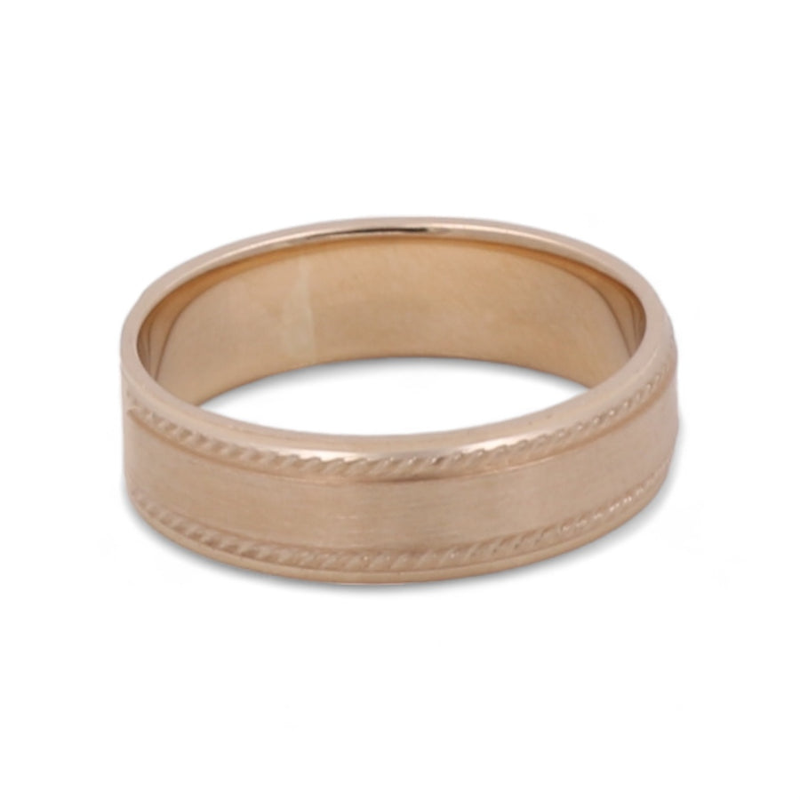 Miral Jewelry's 14K Yellow Gold men's wedding band with a textured center stripe on a white background.