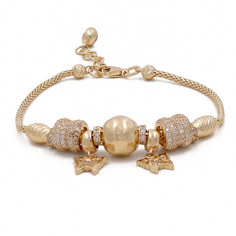Miral Jewelry's 14K Yellow Gold Women's Fashion Link Beads Bracelet with Cubic Zirconias with decorative beads and butterfly pendants on a white background.