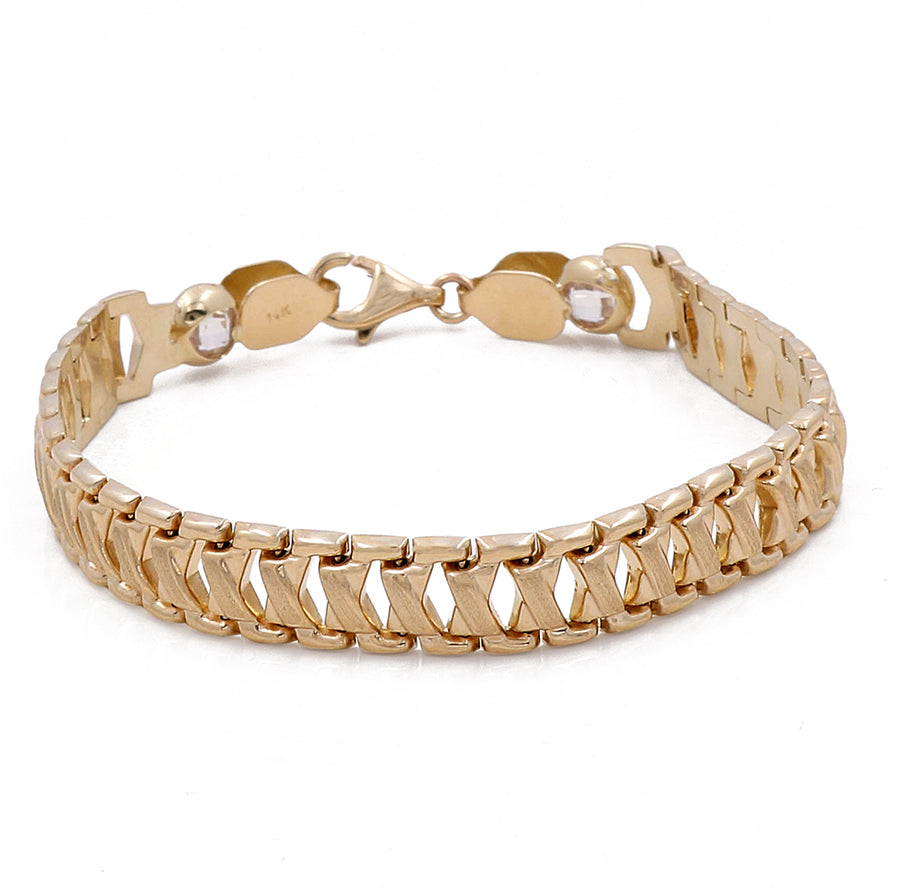 Miral Jewelry's 14K Yellow Gold Women's Fashion Link Bracelet with a link chain design on a white background.