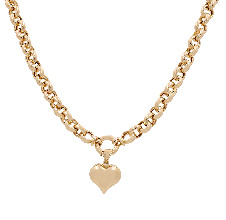 The Miral Jewelry 14K Yellow Gold Fashion Heart Necklace with interlocking links featuring a heart-shaped pendant at the center, making it a stunning piece of fashion jewelry.