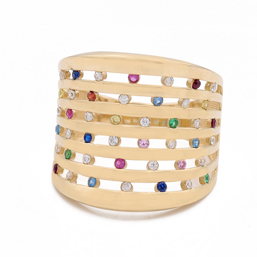 A Miral Jewelry fashion-forward ring crafted from 14K yellow gold, featuring vibrant multi-colored stones.