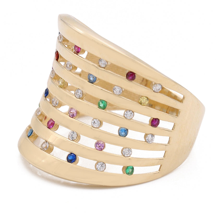 A Miral Jewelry 14K Yellow Gold Fashion with Color Stones Rows Ring.