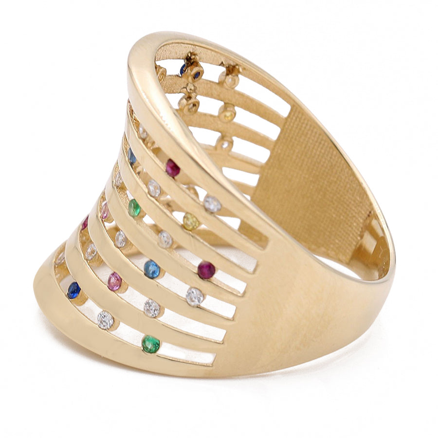 A Miral Jewelry 14K Yellow Gold Fashion with Color Stones Rows Ring adorned with multi-colored stones.