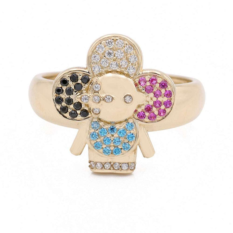A Miral Jewelry 14K Yellow Gold Fashion Flower Shape Ring with Color Stones, adorned with colorful stones in shades of blue, pink, and yellow.