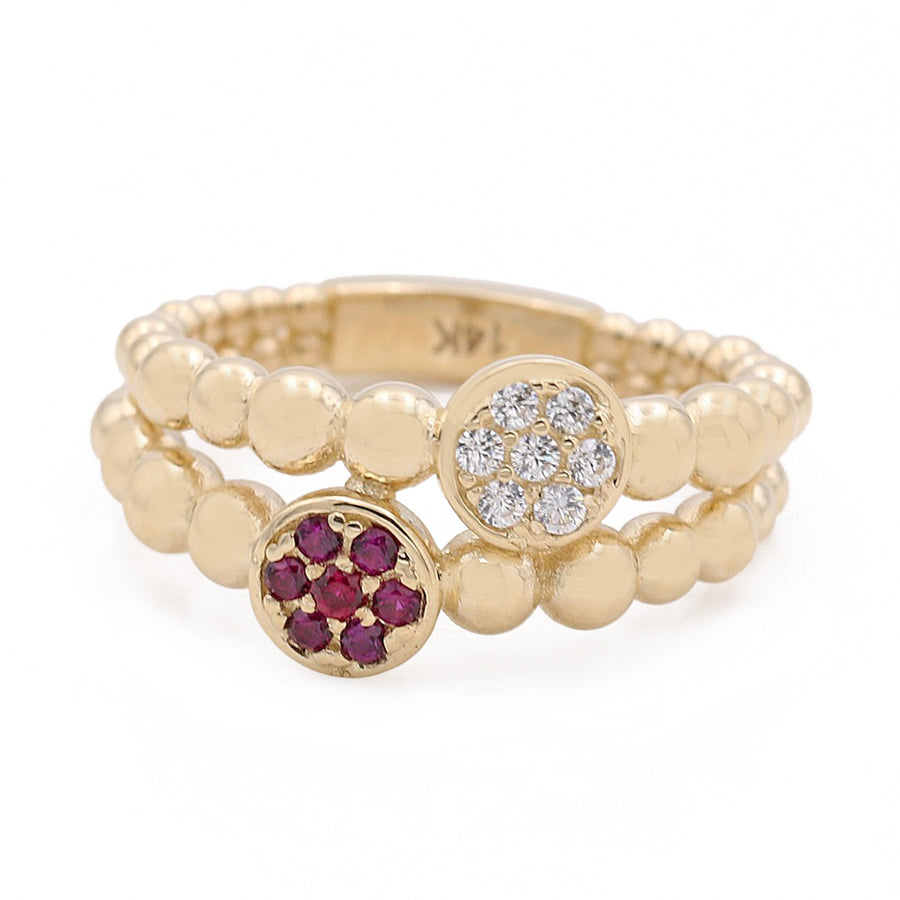 A Miral Jewelry 14K Yellow Gold Fashion Beads Shape Ring with Color Stones with ruby and diamonds.