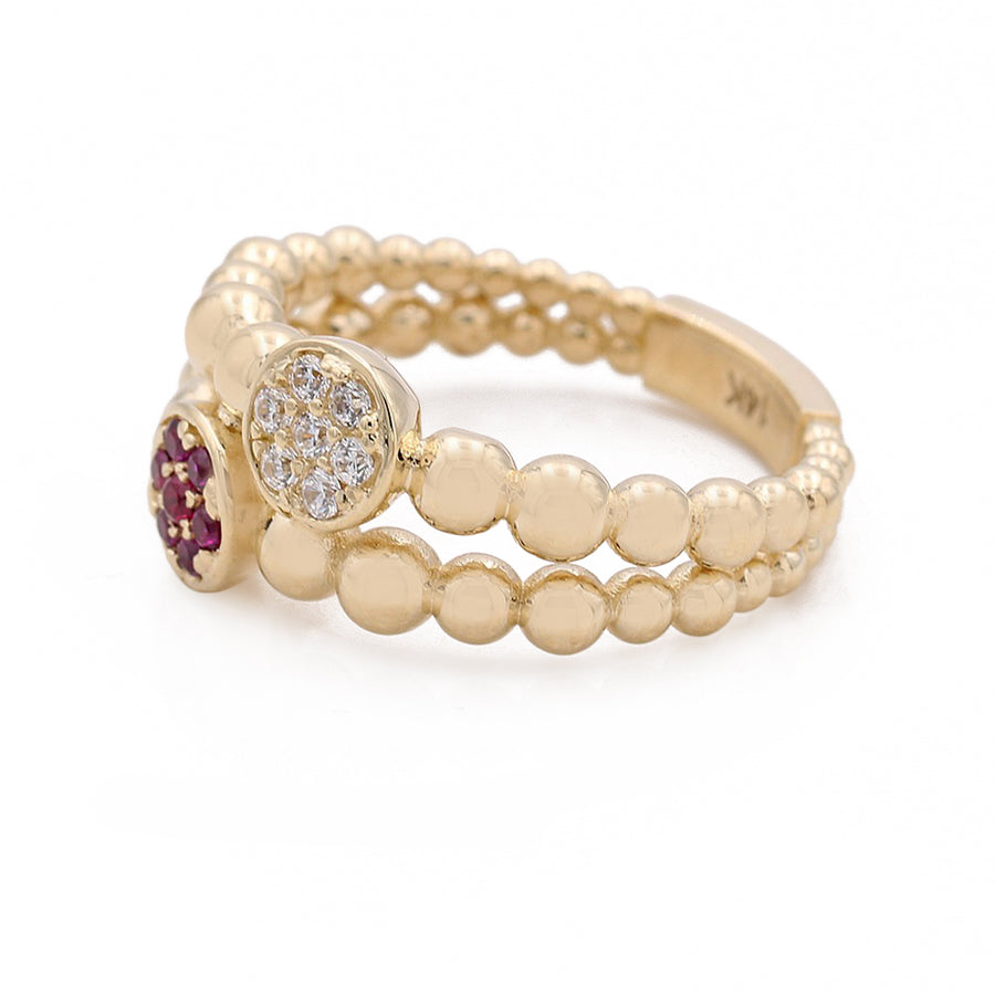A Miral Jewelry 14K Yellow Gold Fashion Beads Shape Ring with Color Stones featuring a vibrant ruby and sparkling diamonds.