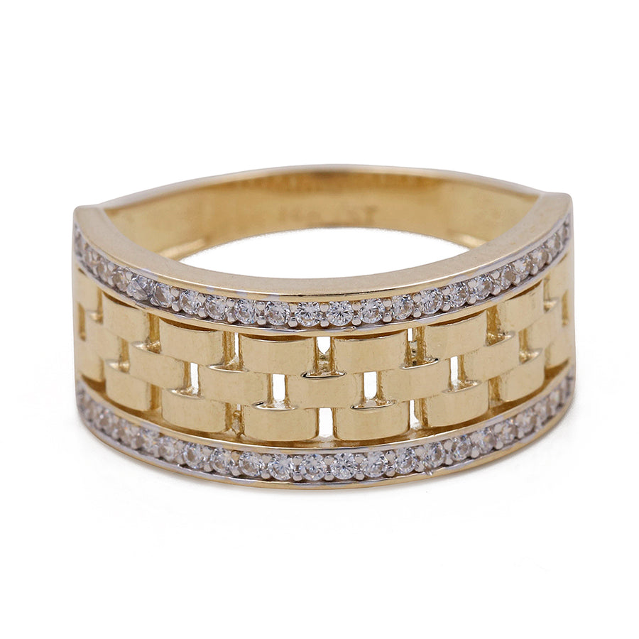 14K Yellow Gold Fashion Links Ring with Cubic Zirconias from Miral Jewelry, featuring multiple rows of cubic zirconias set in a diagonal pattern, showcasing a textured and polished finish.