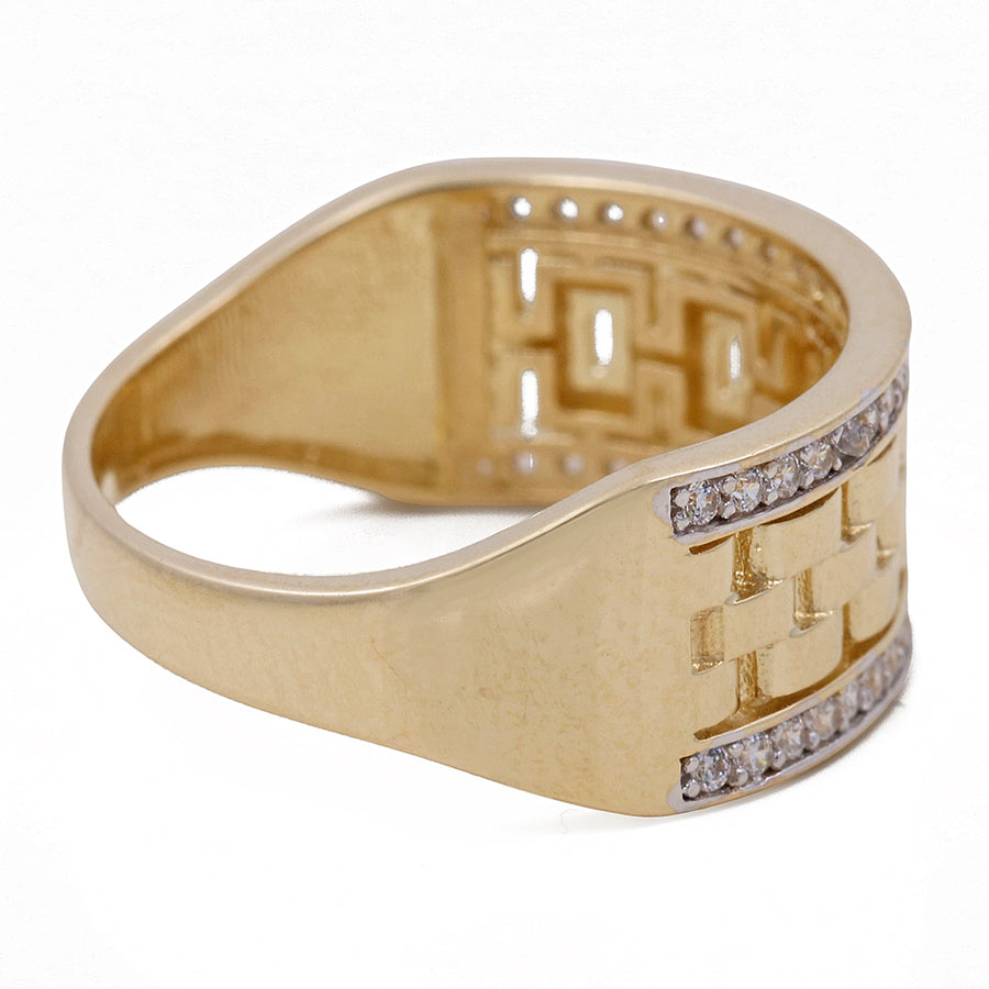 14K Yellow Gold Fashion Links Ring with Cubic Zirconias featuring a geometric band design with three rows of inset cubic zirconias by Miral Jewelry.