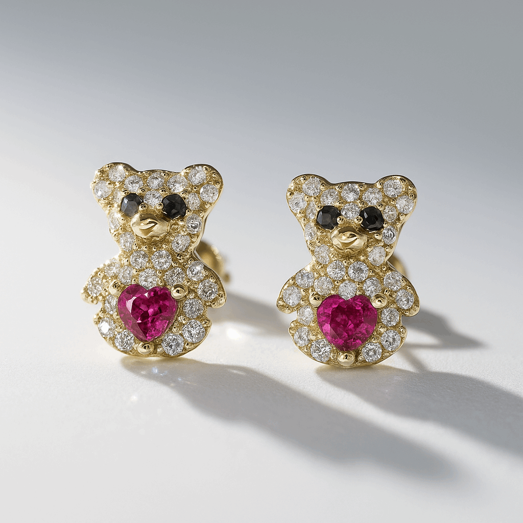 14K Yellow Gold Bear Red  Earrings