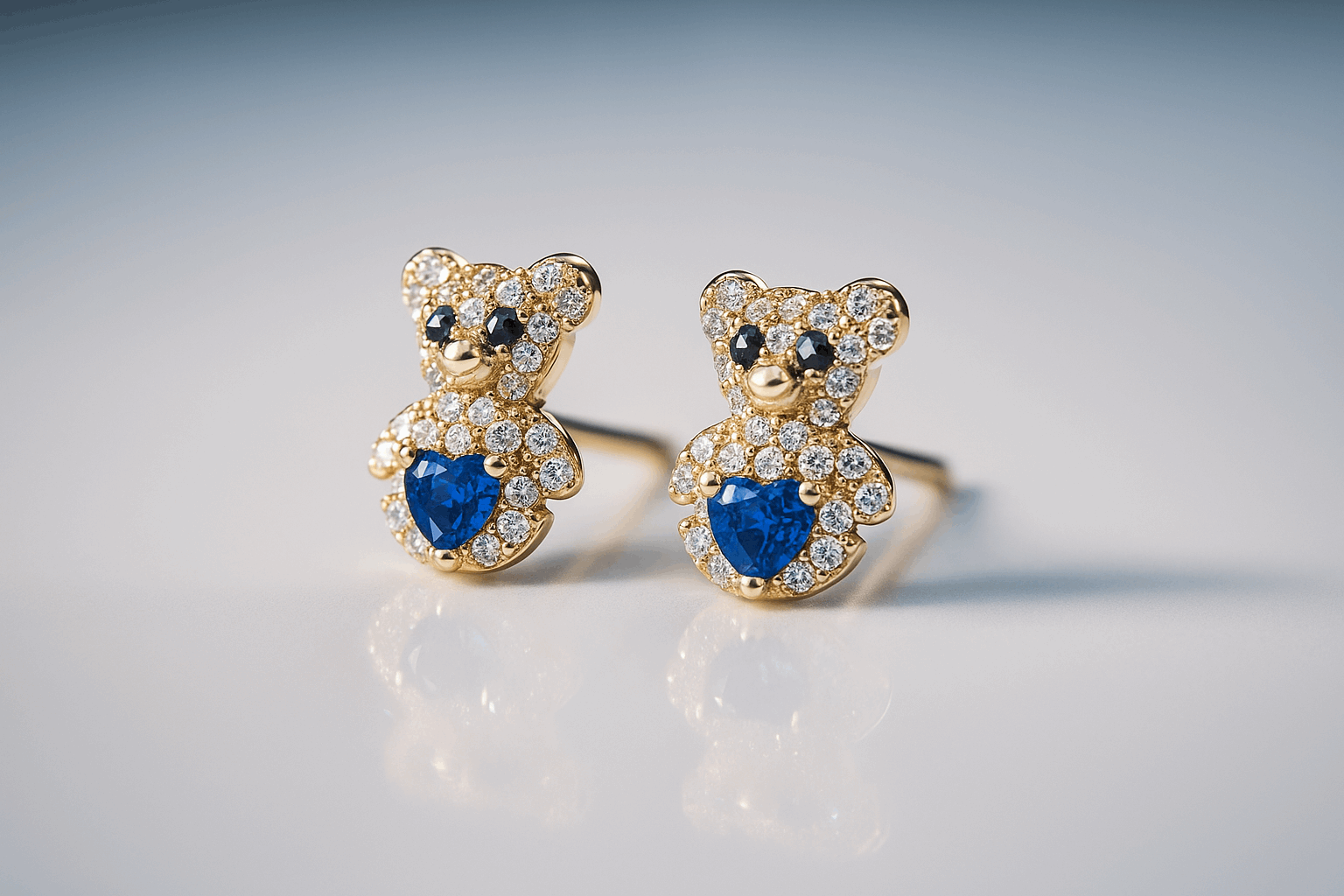 14K Yellow Gold Bear Dark Blue Earrings