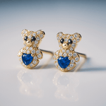 14K Yellow Gold Bear Dark Blue Earrings