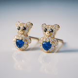 14K Yellow Gold Bear Dark Blue Earrings
