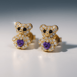 14K Yellow Gold Bear Purple Earrings