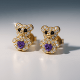 14K Yellow Gold Bear Purple Earrings