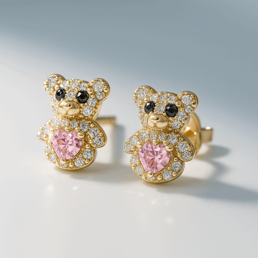 14K Yellow Gold Bear Pink  Earrings