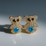 14K Yellow Gold Bear Light Blue  Earrings