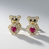 14K Yellow Gold Bear Red  Earrings