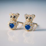14K Yellow Gold Bear Dark Blue Earrings