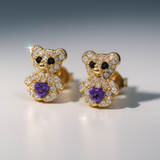 14K Yellow Gold Bear Purple Earrings
