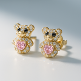 14K Yellow Gold Bear Pink  Earrings