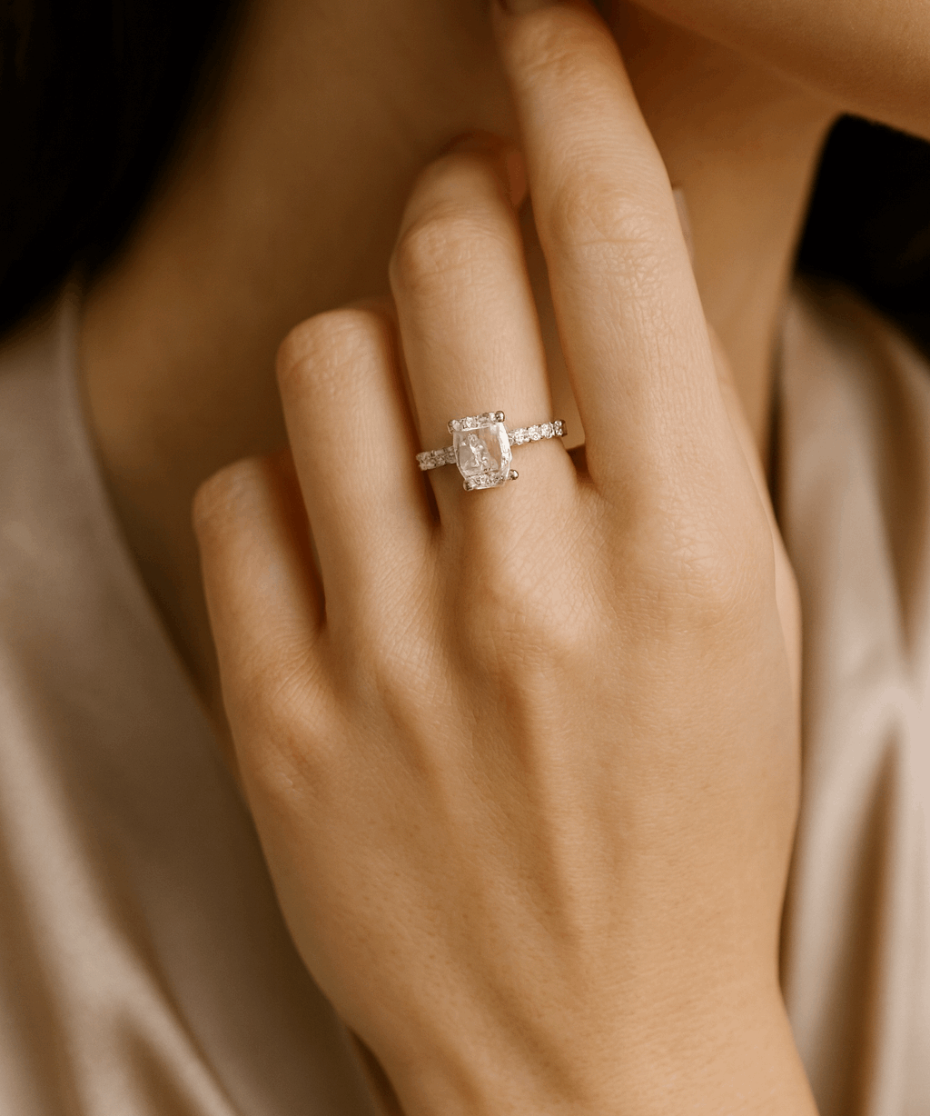 14K White Gold Solitaire Rings with 3.99Tw Emerald Lab Diamonds and Round lab Diamonds