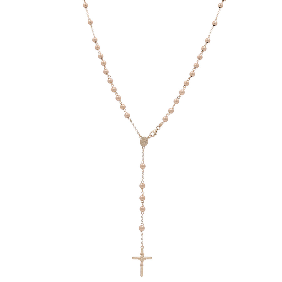 A handcrafted Miral Jewelry 14K Yellow Gold Italian Rosary Necklace with a cross on it.