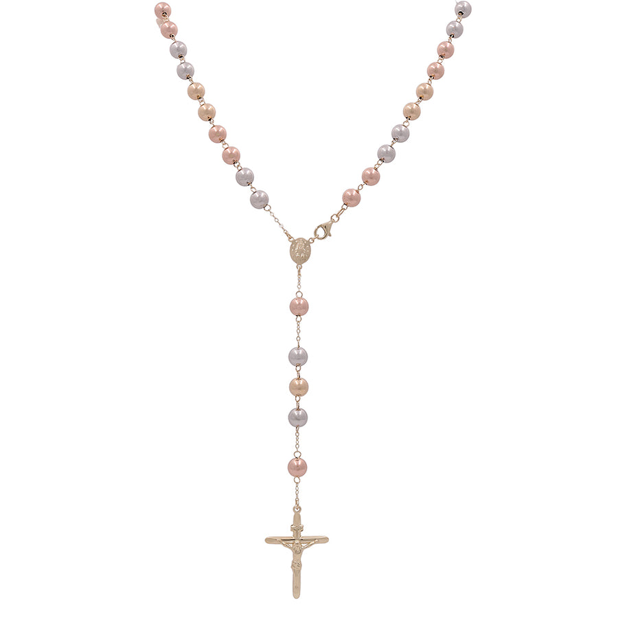A meaningful and fashionable accessory, the Miral Jewelry 14K Tricolor Gold Italian Rosary Necklace combines devotion with elegance. Adorned with pearls and a cross, it is a symbol of faith and beauty.
