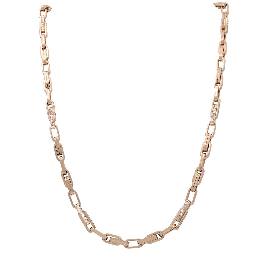 An Italian fashion link necklace crafted in 14K yellow gold, adorned with shimmering diamonds is the 14K Yellow Gold Italian Fashion Link Necklace with Cubic Zirconias from Miral Jewelry.