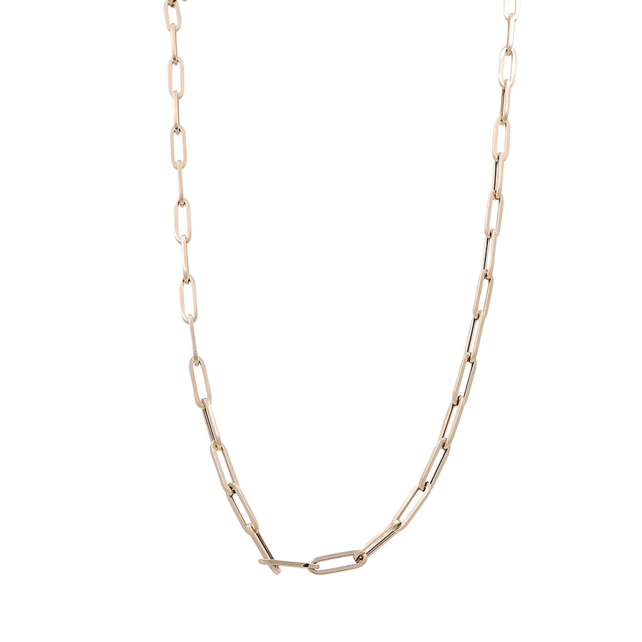 A 14K Yellow Gold Italian Long Link Necklace by Miral Jewelry with an open link. Perfect for the fashionista looking to add a touch of elegance to any outfit.