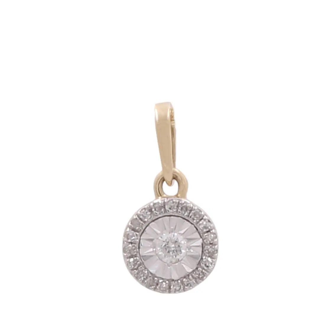The 10K Yellow Gold Round Diamond Women's Pendant from Miral Jewelry features an elegant oval diamond at its center, surrounded by a circular arrangement of smaller diamonds, making it a stunning women's accessory.