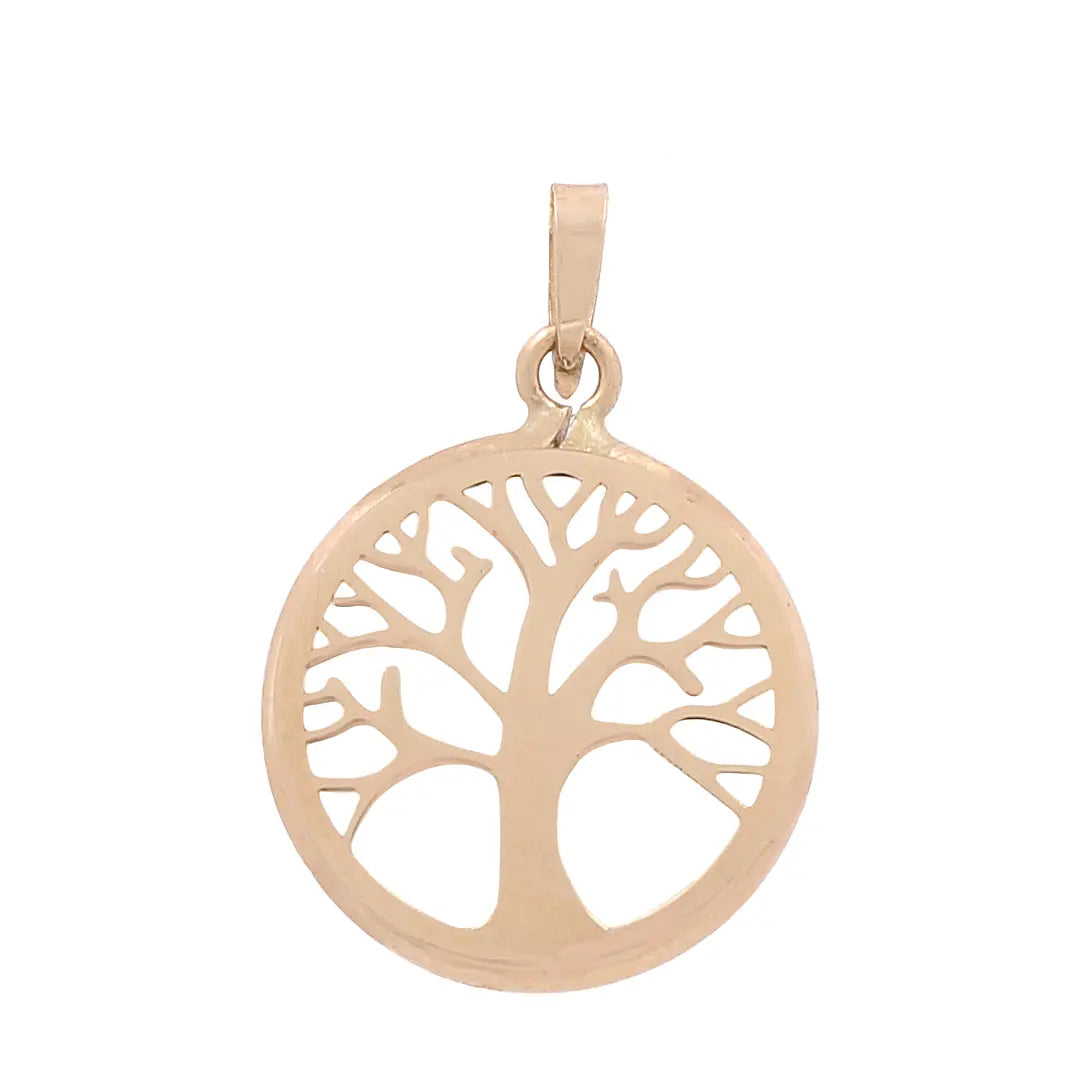 The Miral Jewelry 14K Yellow Gold Tree of Life Circle Women's Pendant features intricately branching limbs encased within a circular frame, making it a perfect accessory for women.