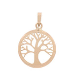 The Miral Jewelry 14K Yellow Gold Tree of Life Circle Women's Pendant features intricately branching limbs encased within a circular frame, making it a perfect accessory for women.