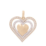 The 14K Yellow Gold Heart Women's Pendant with Cz by Miral Jewelry showcases a central solid heart framed by two outer heart outlines, adorned with sparkling cubic zirconias.