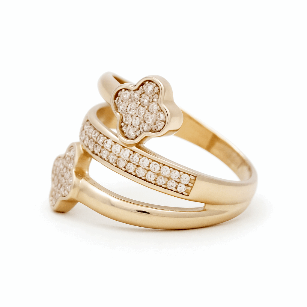14K Yellow Gold 2 Flowers with Cz Fashion Women's Ring
