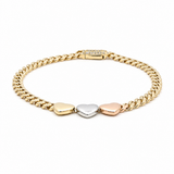 10K Tri Color Gold Monaco with 3 Hearts Link Bracelet Women's