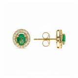 14K  Yellow Gold  Stud Diamond Earrings with 0.67Tw Oval Emeralds 0.18 Tw Round Diamonds