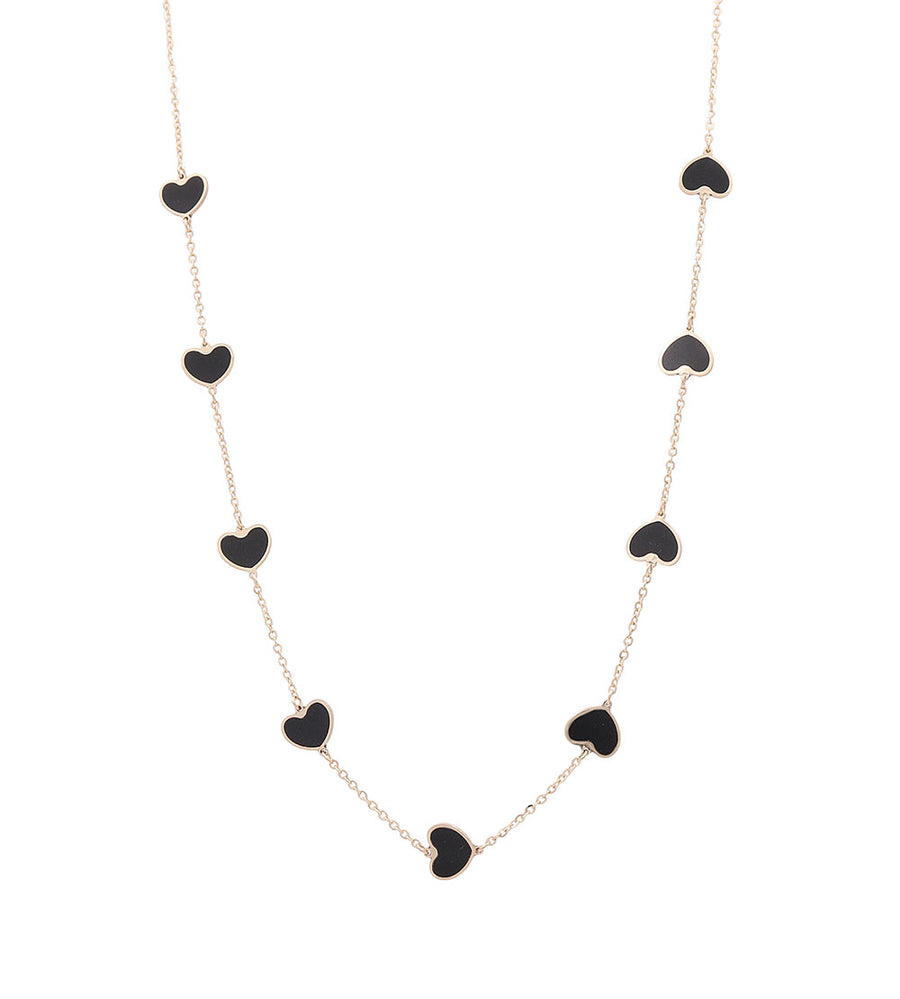 A Miral Jewelry 14K Yellow Gold Fashion Hearts Necklace with Black Stones on a gold chain.