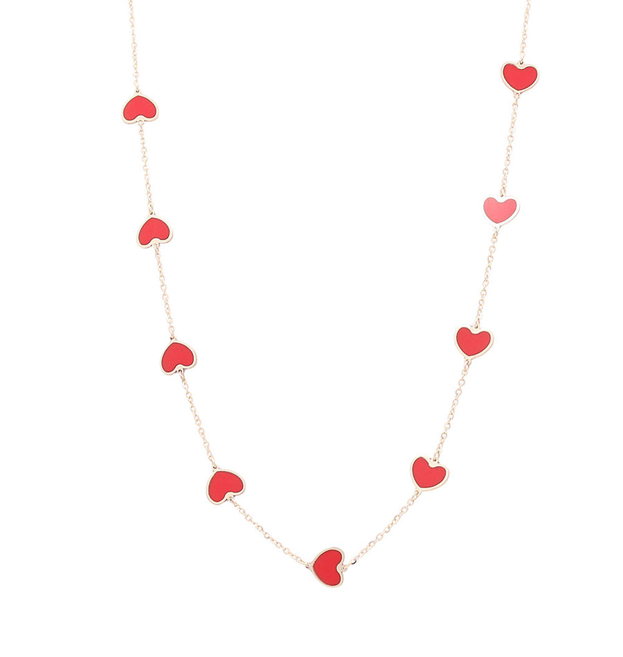 A stunning fashion piece featuring red hearts on a 14K yellow gold chain, the Miral Jewelry 14K Yellow Gold Fashion Hearts Necklace with Red Stones Necklace.