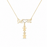 14K Yellow Gold Mom With Boy And Girl Women's Necklace 18"