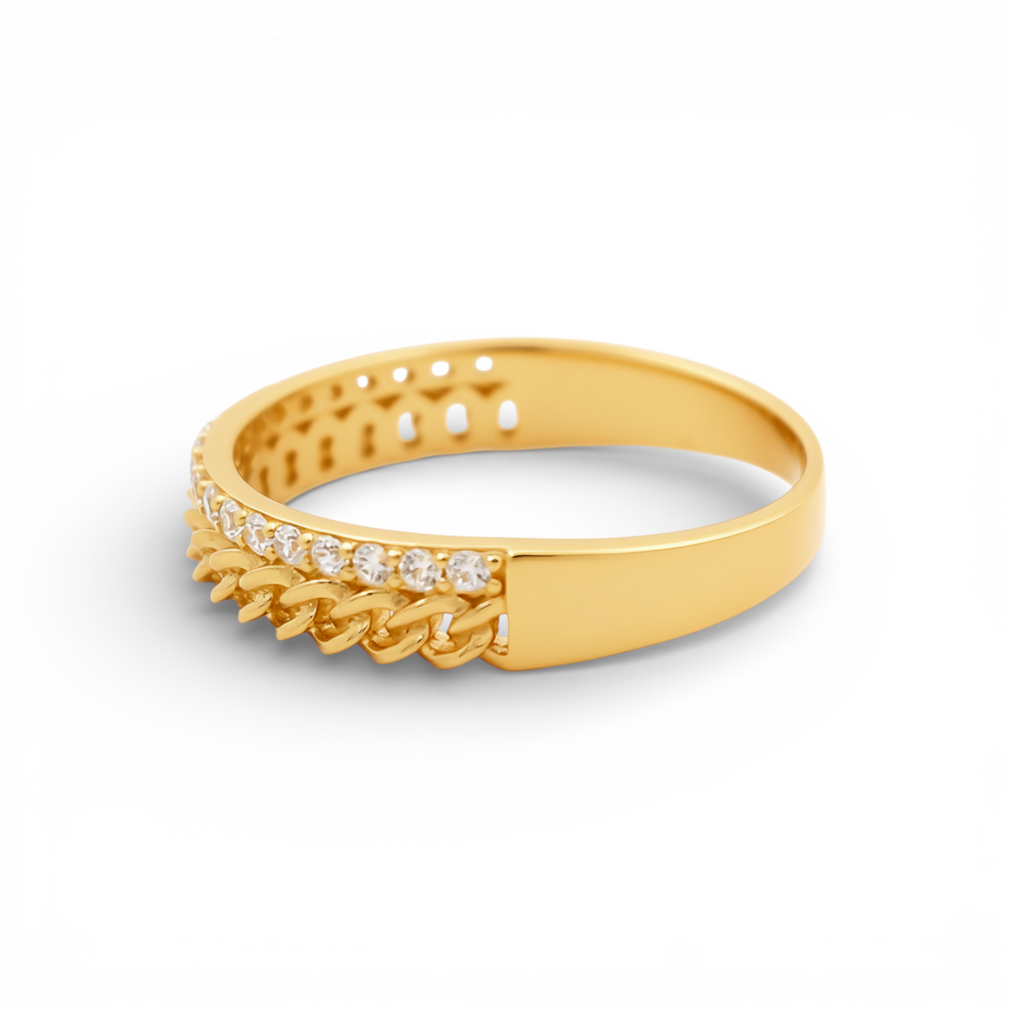 14K Yellow Gold Cuban Link Ring with CZ Row – view 2