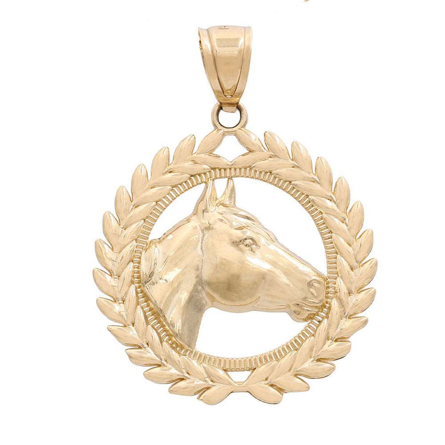A Miral Jewelry 14K Yellow Gold Horse Head in a Wreath Medallion Pendant featuring a Horse Head adorned with a laurel wreath.