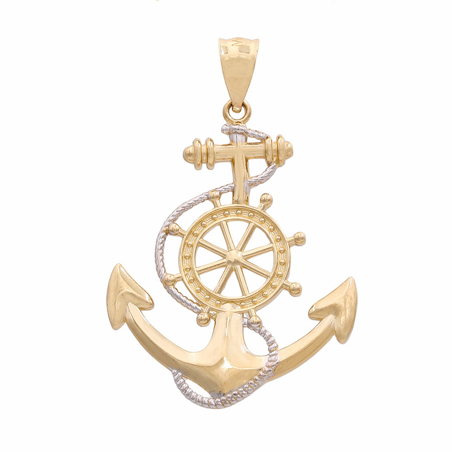 A Miral Jewelry 14K Yellow and White Gold Boat Wheel House on Anchor and Rope Pendant on a white background.