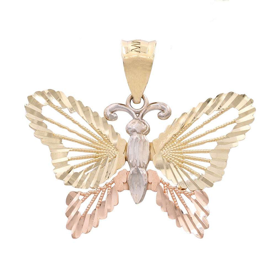 This 14K Tri-Color Gold Butterfly with Diamond Cut Pendant is crafted in Miral Jewelry, featuring gold and rose gold accents.