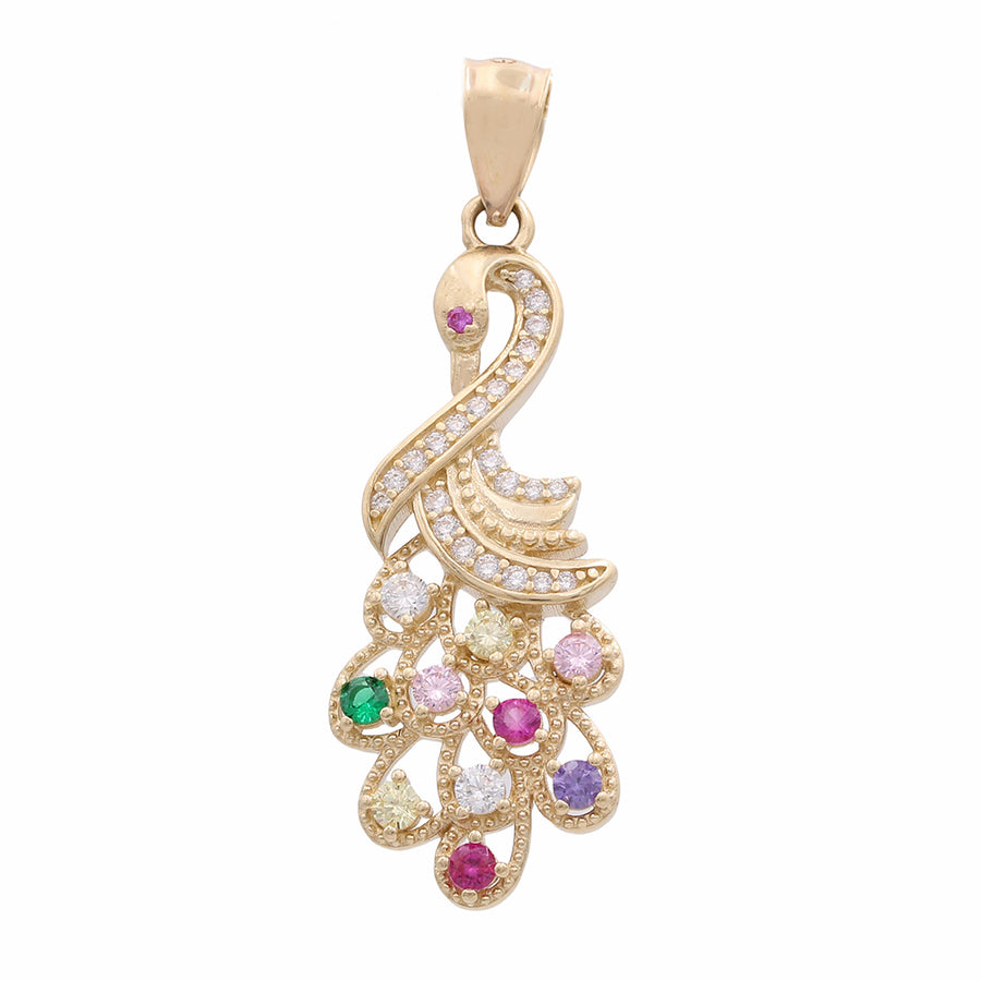 A Miral Jewelry 14K Yellow Gold Swan pendant with multi colored stones and cubic zirconias.
